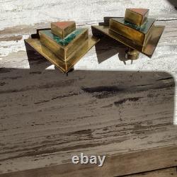 Midcentury Signed Pair Castillo Brass Malachite Inlaid Pulls Handles-Rare Unused