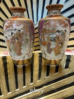 Miniature Pair Of Antique Japanese Satsuma Vases, Signed Artist Ryokuzan Meiji