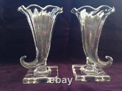 Mint Pair Vintage Steuben Crystal Frederick Carder 1948 Cornucopia Vases