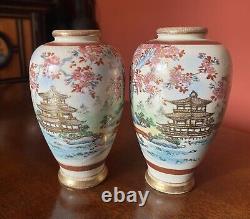 Mirrored Pair Of Japanese Taisho Satsuma Pottery Vases Signed By Suizan