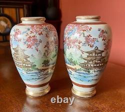 Mirrored Pair Of Japanese Taisho Satsuma Pottery Vases Signed By Suizan