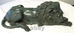 Mirrored Pair of Antique Signed A. Tiot French Bronze Recumbent Lion Sculptures