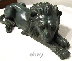 Mirrored Pair of Antique Signed A. Tiot French Bronze Recumbent Lion Sculptures