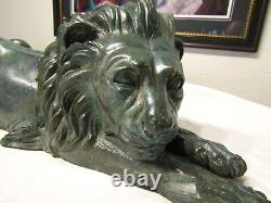 Mirrored Pair of Antique Signed A. Tiot French Bronze Recumbent Lion Sculptures