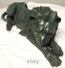 Mirrored Pair of Antique Signed A. Tiot French Bronze Recumbent Lion Sculptures