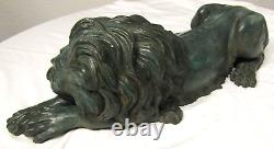 Mirrored Pair of Antique Signed A. Tiot French Bronze Recumbent Lion Sculptures