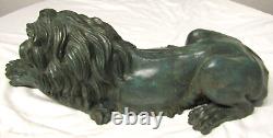 Mirrored Pair of Antique Signed A. Tiot French Bronze Recumbent Lion Sculptures