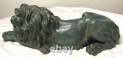 Mirrored Pair of Antique Signed A. Tiot French Bronze Recumbent Lion Sculptures