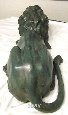 Mirrored Pair of Antique Signed A. Tiot French Bronze Recumbent Lion Sculptures