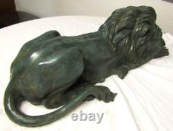 Mirrored Pair of Antique Signed A. Tiot French Bronze Recumbent Lion Sculptures