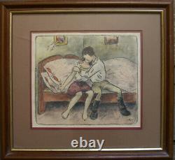Monogr. Young Pair Woman Mann Kusss Love Bed Pictures Soldier Colourful Antique