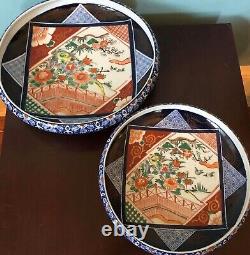 Monumental Antique Imari Signed Aoki Arita Low Nesting Bowl Pair