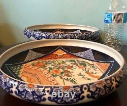 Monumental Antique Imari Signed Aoki Arita Low Nesting Bowl Pair