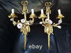 NY Antique 2 signed /Pair 22 E. F Caldwell Bronze Porcelain Floral Wall Sconces