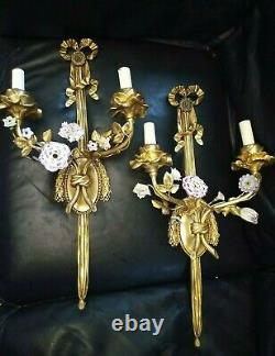 NY Antique 2 signed /Pair 22 E. F Caldwell Bronze Porcelain Floral Wall Sconces