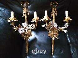 NY Antique 2 signed /Pair 22 E. F Caldwell Bronze Porcelain Floral Wall Sconces