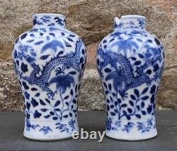 Near Pair of Antique Chinese Porcelain Dragon Bulaster Vases with Kangxi Marks