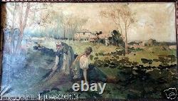 Nice Antique Pair Spanish Painting Field Scenes Oil On Canvas Of F. Ramos