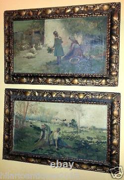 Nice Antique Pair Spanish Painting Field Scenes Oil On Canvas Of F. Ramos