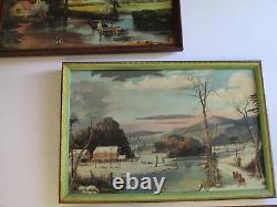 O. F Marshall Signed Pair Painting American Folk Art East Coast Winter Antique