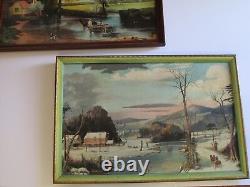 O. F Marshall Signed Pair Painting American Folk Art East Coast Winter Antique