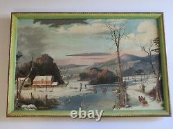 O. F Marshall Signed Pair Painting American Folk Art East Coast Winter Antique