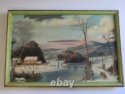 O. F Marshall Signed Pair Painting American Folk Art East Coast Winter Antique