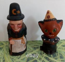 OOAK Signed Ginny Betourne, Trout Creek, Halloween Chalkware Pair, Witch & Cat