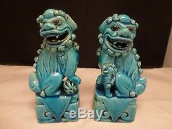 Old Pair Of Vintage Chinese Turquoise Foo Dogs Set Of 2 Antique Signed