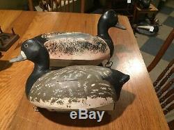 Old Vintage Michigan Pair Bluebills Mike Pavlovich Signed Wood Duck Decoys Antq