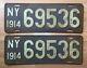 Old Vtg Antique 1914 Ny License Plate Automobile Car Truck Metal 69536 Pair Sign