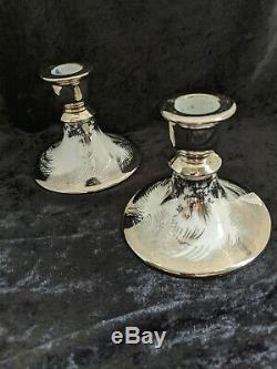 Olive Commons Miami Platinum Palm Ware Signed Candlesticks Pair