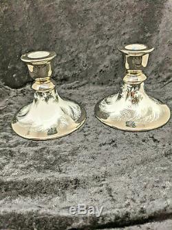 Olive Commons Miami Platinum Palm Ware Signed Candlesticks Pair