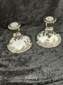 Olive Commons Miami Platinum Palm Ware Signed Candlesticks Pair