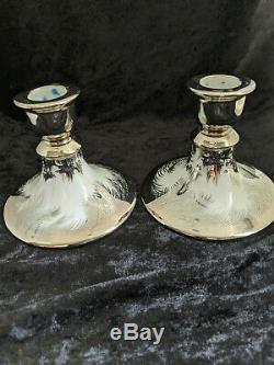 Olive Commons Miami Platinum Palm Ware Signed Candlesticks Pair