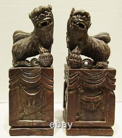 Opposing Pair Antique Chinese Hand Carved Wood Foo Dogs Signed circa 1900's