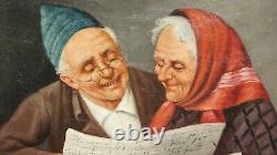 Original Antique Oil On Canvas Italian Couple Reading A Letter Illegible Signed