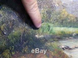 Original Painting Antique Old American Lake Landscape Fishing Couple Signed Art
