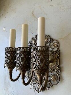 Oscar Bach PAIR of Signed Antique Bronze Candle Light Wall Sconces 2