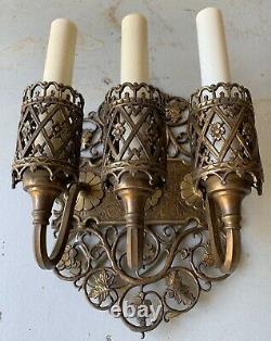 Oscar Bach PAIR of Signed Antique Bronze Candle Light Wall Sconces 2