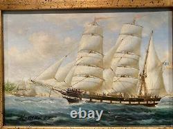 PAIR 1900s Antique ORIGINAL H. Parker Clipper Sea Ship Oil Paintings Signed