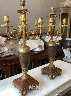 PAIR 19th C FRENCH Signed Gilt BRONZE Gilt CANDELABRA Eagle Mounts Rouge Marble