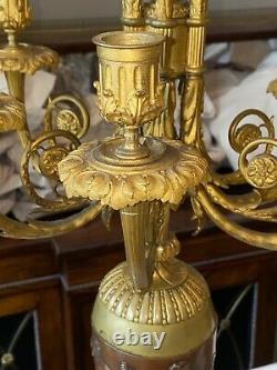 PAIR 19th C FRENCH Signed Gilt BRONZE Gilt CANDELABRA Eagle Mounts Rouge Marble