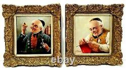 PAIR (2) ANTIQUE GERMAN SCHOOL PORTRAITS M KRAUB Sd MEN with PIPES ORIG O/B FRAMED