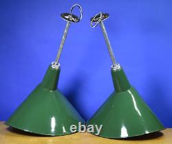 PAIR (2) vtg 20x15 GREEN PORCELAIN ANGLED SIGN LIGHTS industrial gas station