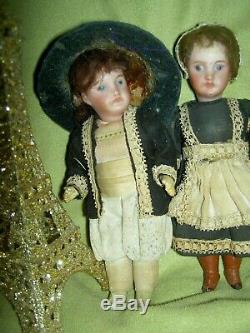 PAIR 5 antique bisque, signed Paris France SFBJ 301 jointed dollhouse dolls a/o