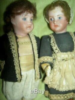 PAIR 5 antique bisque, signed Paris France SFBJ 301 jointed dollhouse dolls a/o