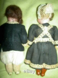 PAIR 5 antique bisque, signed Paris France SFBJ 301 jointed dollhouse dolls a/o