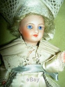 PAIR 5 antique bisque, signed Paris France SFBJ 301 jointed dollhouse dolls a/o