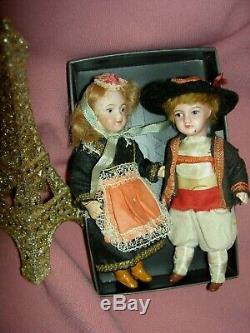 PAIR 5 antique bisque, signed Paris France SFBJ 301 jointed dollhouse dolls a/o